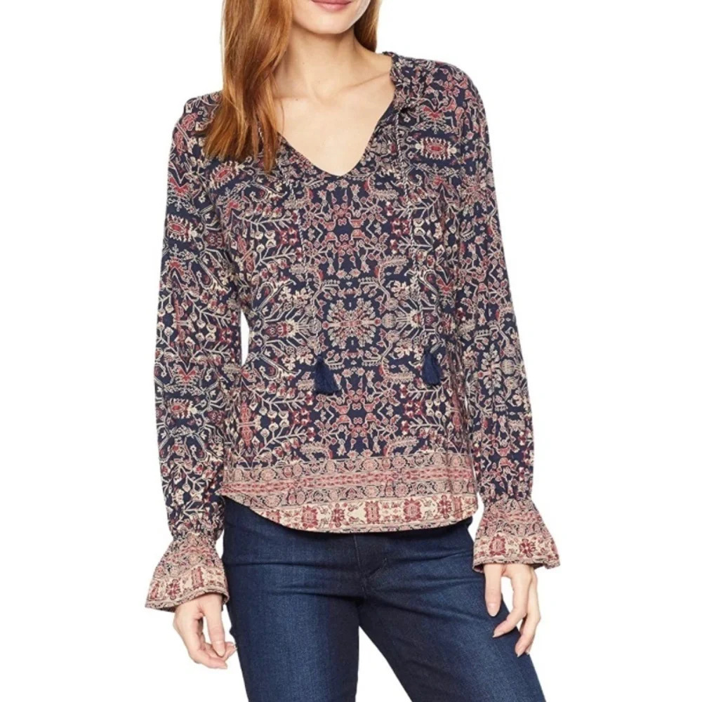 Boho Floral Blouse Ethereal Chic Top Whimsigoth Sleeve Blouse Tie Neck XS